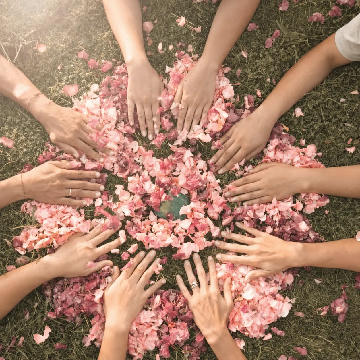 Zehn Frauenhände bilden auf olivgrünem Gras einen Kreis um roséfarbene Blüten